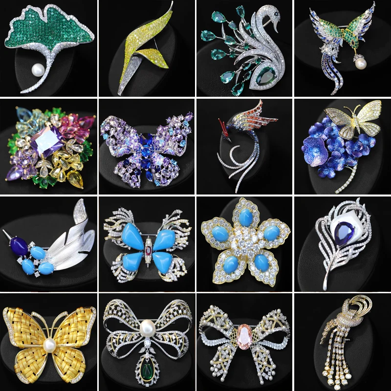 OKILY Elegance Zircon Butterfly Brooch and Pins Temperament Unique Bowknot Peacock Gingko Leaf Corsage for Woman Ornament
