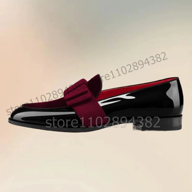 Red Blue Bow Knot Decor Black Patent Leather Loafers Fashion Slip On Men Shoes Luxurious Handmade Party Office Men Dress Shoes