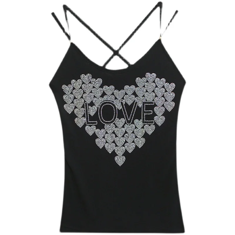 Summer Women's Strap Vest Diamond Embellied Slim Fit Base Layer Tank Top Outerwear Suit Underwear Svel Faionable