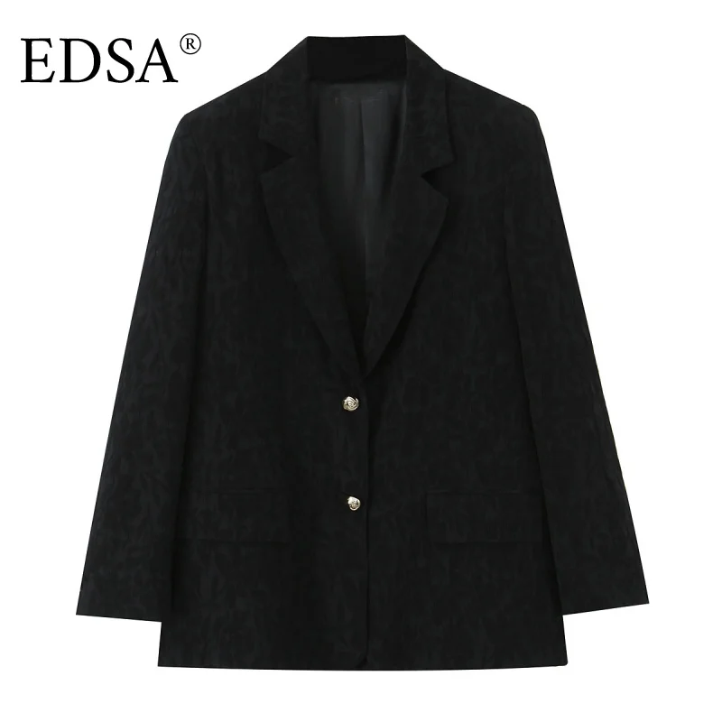 

EDSA женский черный пиджак оверсайз с подплечниками с длинными рукавами и карманами с клапанами однобортное пальто для офисных леди