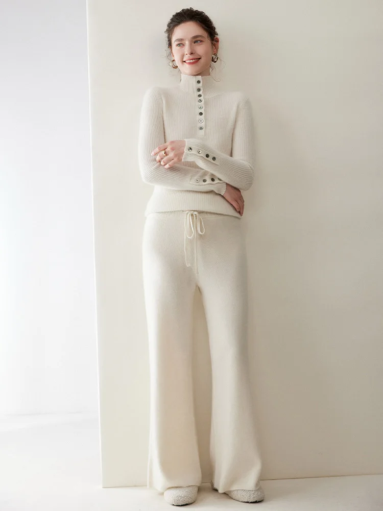 

TLOML Autumn Winter Women's 100% Cashmere Knit Pants Wide Leg Pants Thick Soft Warm Cashmere Trousers Office Lady Simple Pants