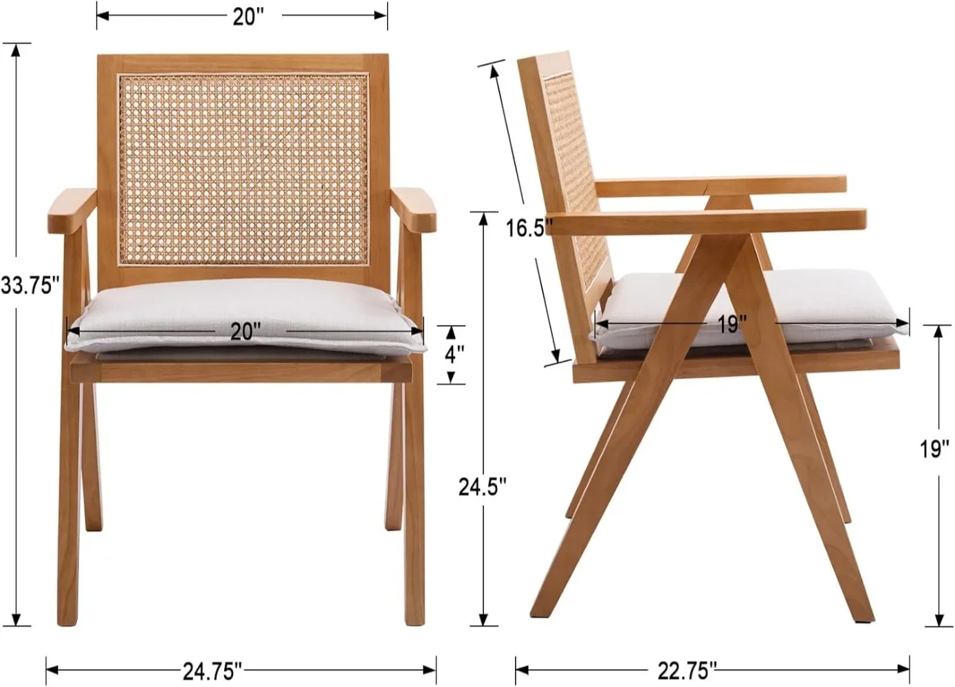 Boerderij Rotan Eetkamerstoelen Set Van 4, Natuurlijk Hout Moderne Eetkamerstoelen Rieten Rug Land Keukenstoelen Comfortabel Gestoffeerd