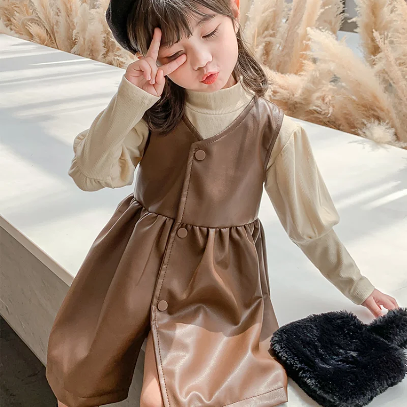 Fashion Baby Girl Leather Dress Ruffle Sleeveless Toddler Girl Vest Dress PU Winter Spring Fall Kid Suspender Clothes 1-8Y