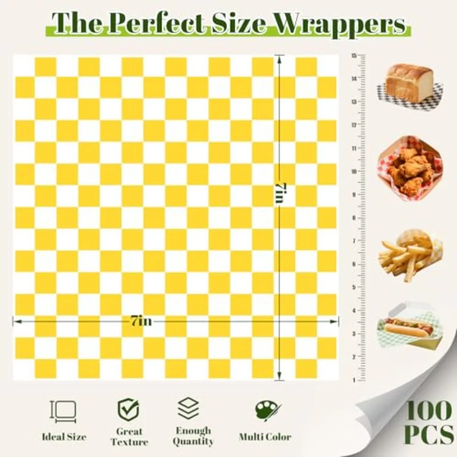 Deli Paper Sheets, 100 Count 7 x 7 Inch Checkered Wax Paper Liners Grease-resistant variety pack for wrapping sandwiches and bu