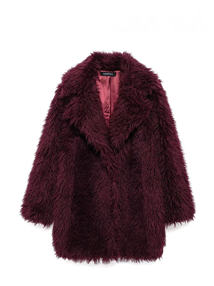 HH Giacche da donna in pelliccia sintetica maniche lunghe larghe colletto rovesciato caldo cappotto lungo invernale femminile vino rosso capispalla casual vintage