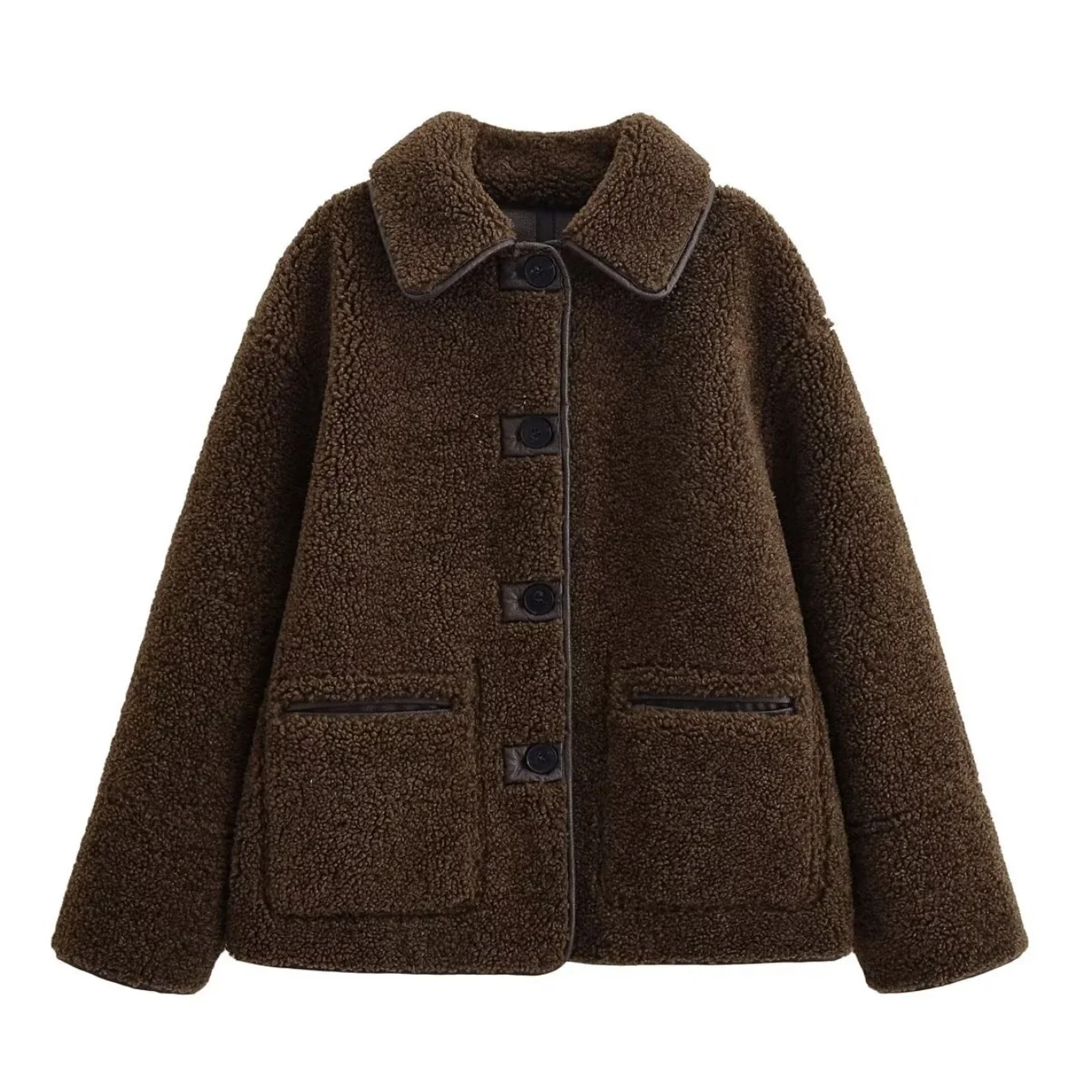 เสื้อแจ็คเก็ตหนังผู้หญิงสำหรับฤดูใบไม้ร่วงและฤดูหนาว แบบใส่ได้สองด้าน กระดุมแถวเดียว มีกระเป๋า แขนยาว เสื้อคลุม