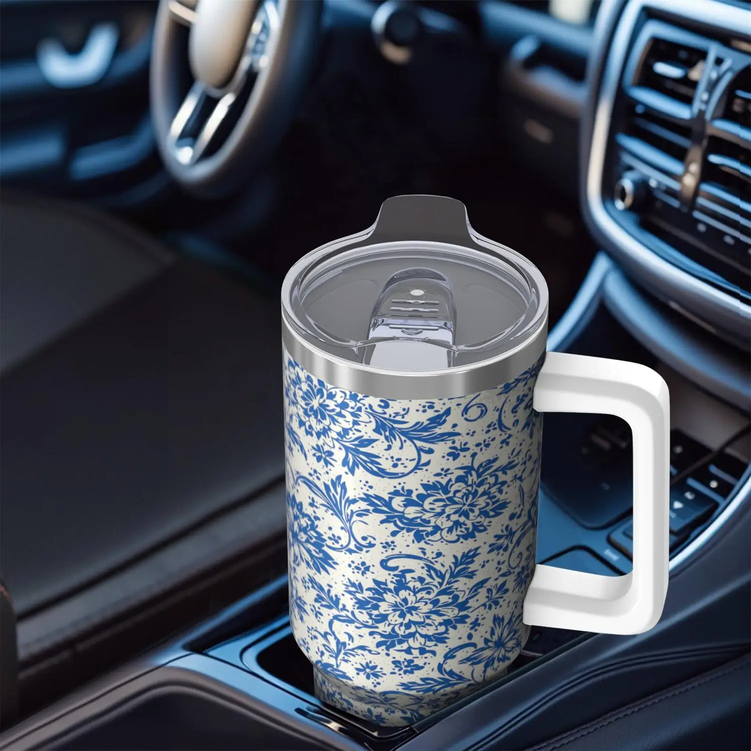 Flower Handle Cup Set with Straw, Maximum Capacity 40oz, Inner Layer 304 Stainless Steel, Outer Layer 201 Stainless Steel, Seamless Inner Liner, Lid Made of PC Material, Suitable for Home, Office, Outdoor, Sports, and Car Use