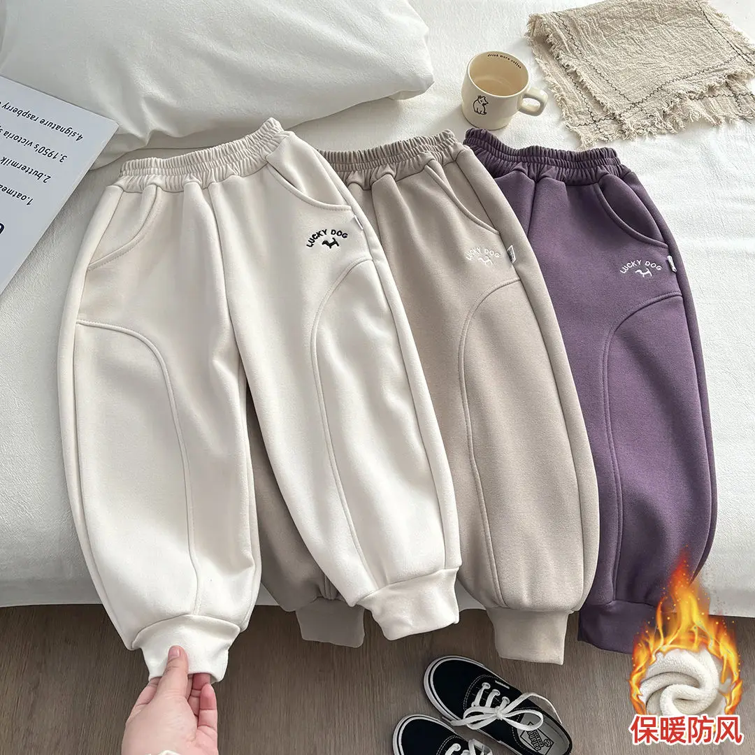 Fashion Kids Warm Sweatpants Boys and Girls Lining Fleece Thick Sports Trousers Warm Thickened Casual Pants Girls Winter Clothes