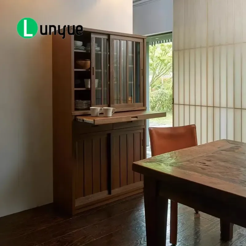 Japanese Style Modern Solid Wood Living Room Storage Cabinet with Flat Door and 2 Drawers Multifunctional Home Furniture