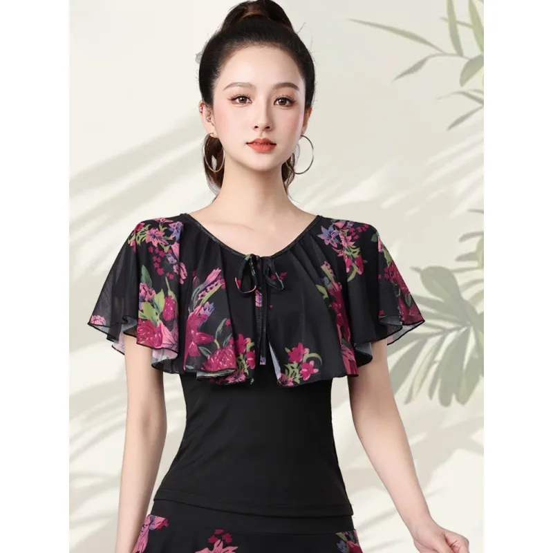 

Top Summer New Women's Latin Dance Practice Net Yarn Printed Modern Dance Performance Costume Square Modern Standard Clothing