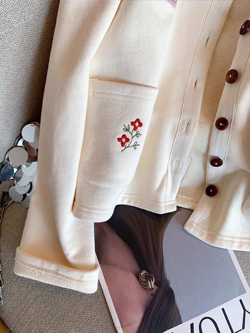 

Retro Heavy Embroidery Patchwork Jaet Loose Women's Beige Spring Autumn Korean Sle Youthful College Faion Open Cardigan