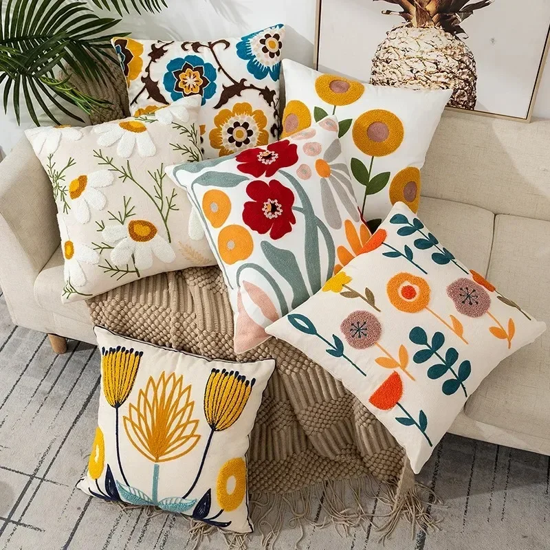 

Towel embroidered Flower Cushion Cover Linen Simple Sofa Headboard Pillow Case Office Cushion Cover Cogines 45x45cm