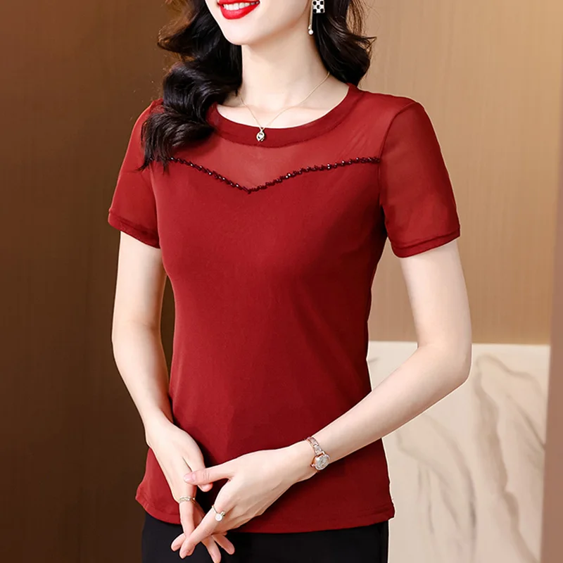 

New 2024 Summer Short Sleeved Women's T-Shirt Elegant Slim Solid Color Mesh Tops Tees