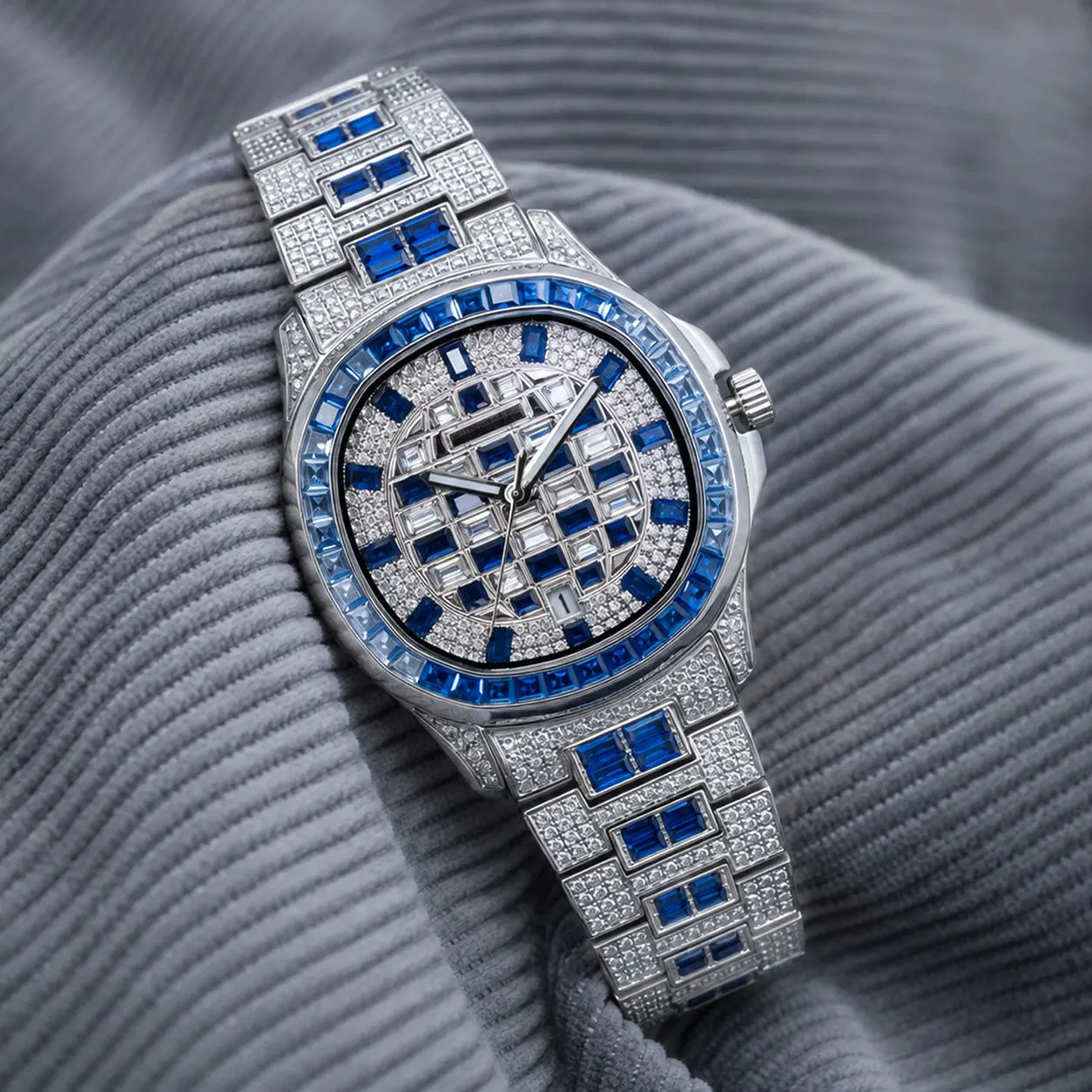 OBLVLO FM-DSL-AD Best Affordable 40mm Luxury Blue Baguette Stone Zircon/Moissanite Dial Dress Watch - Stylish Elegant Timepiece