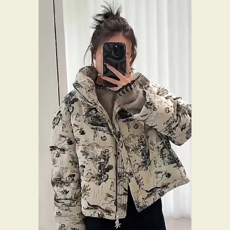 Women's Winter Cotton Jacket 2025 Short Thick Casual Fashion Collar Windproof Guofeng Printed Loose Outerwear Clothing