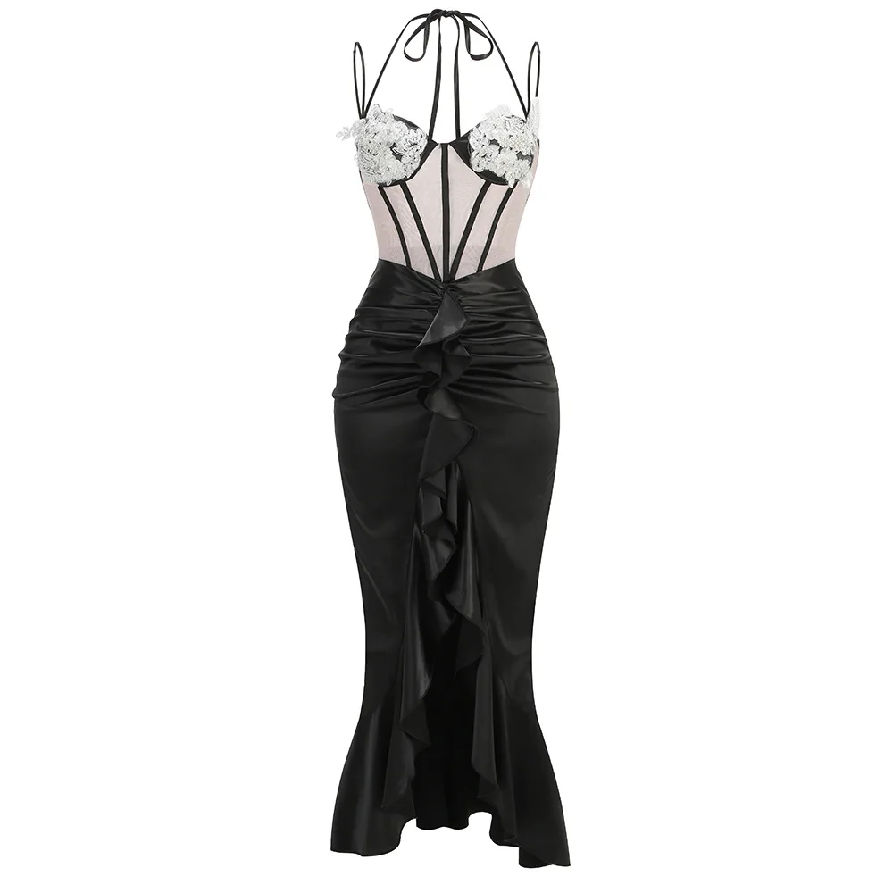 Luxurious Elegant Lace Pearl Corset Mesh High Slit Satin Ruffle Maxi Gown Sexy Fashionable Cocktail Party Wedding Guest Dress