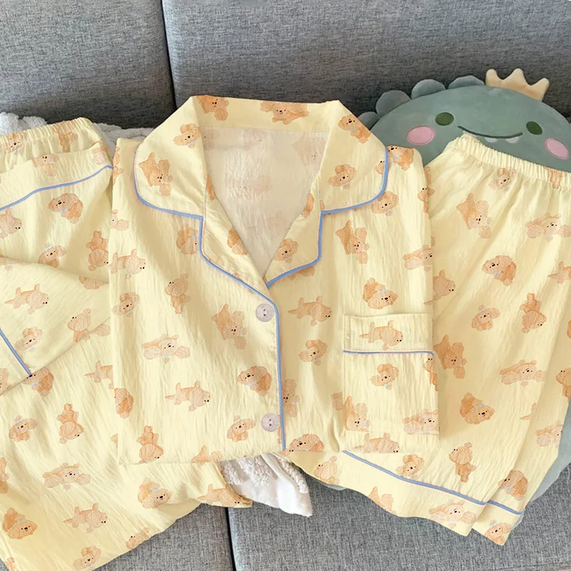 

Spring and Summer Ladies New Short-Sleeved Three-Piece Pajamas Homewear Girls Students Sweet Cartoon Ins Style Pajamas Homewear