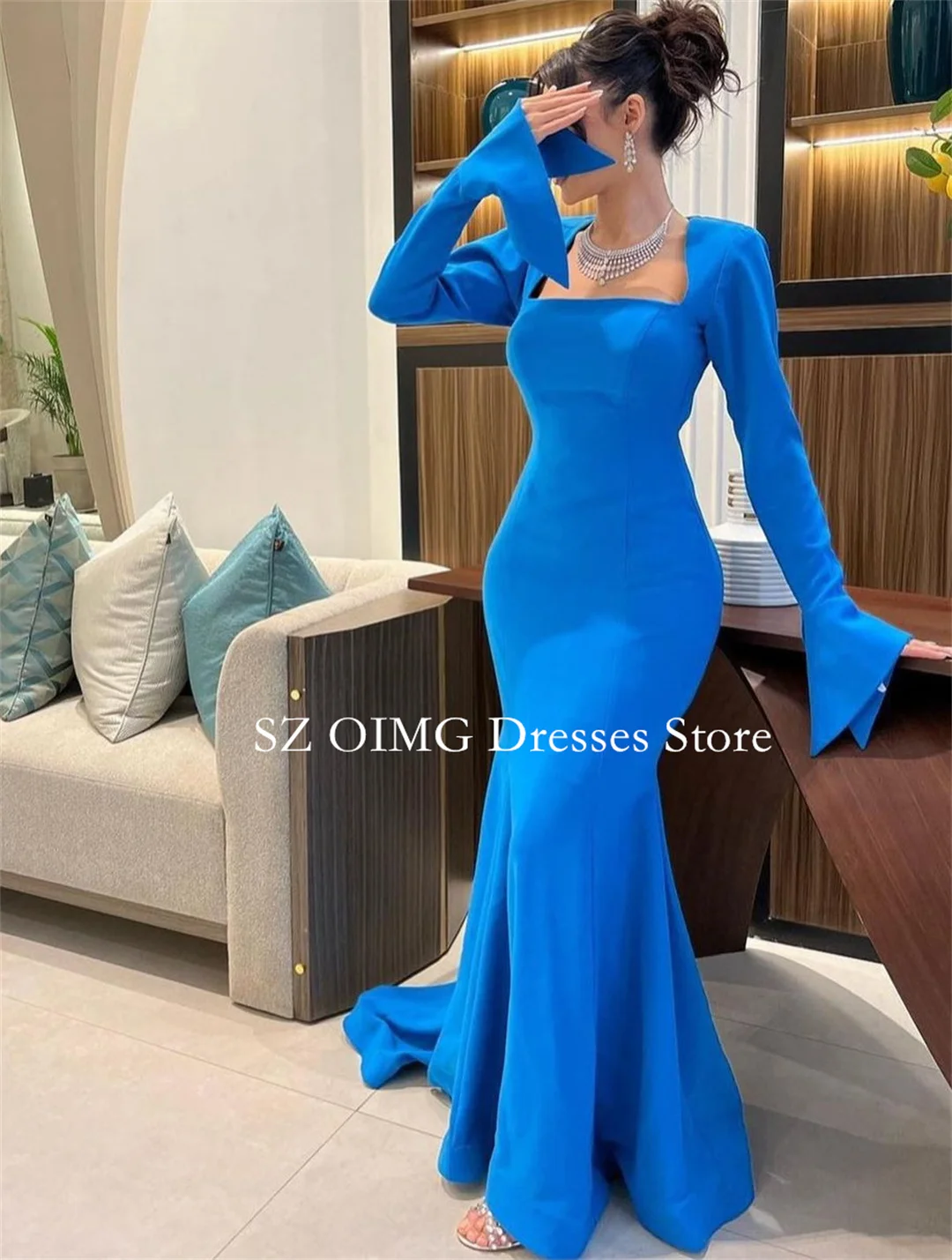 

OIMG Mermaid Square Collar Blue Prom Dresses Vintage Ruched Arabic Long Bell Sleeves Open Back Evening Gowns Formal Party Dress