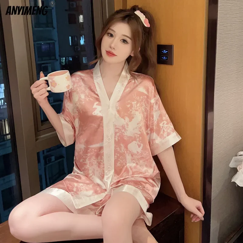 Luxury Silk Sleepwear Kimono Ice Silks Women Pajamas Set Summer Kimono V-neck Lapel Homesuits Casual Loungewear Sexy Nightwear