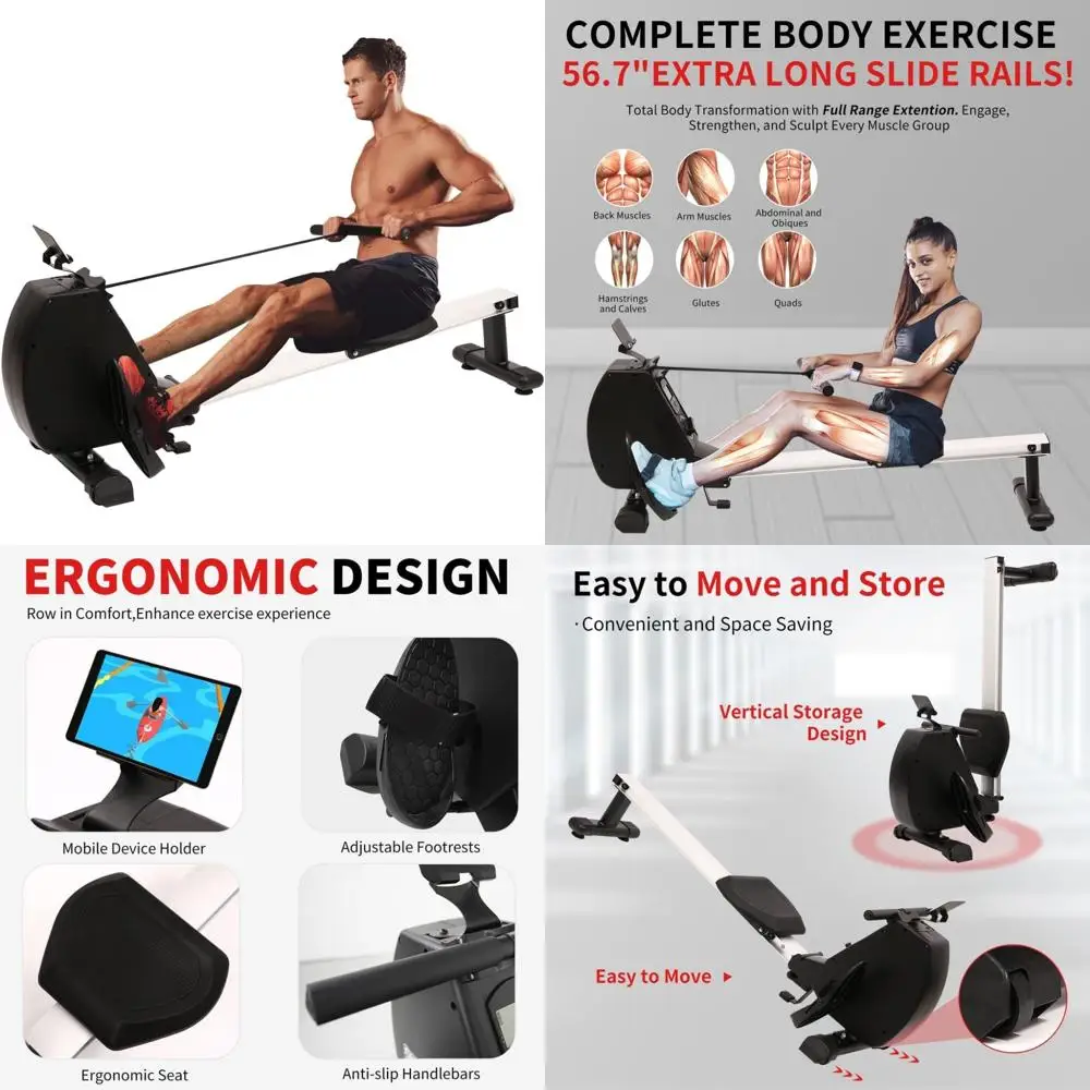 Adjustable Resistance Folding Rowing Machine with Digital Display, 264 lbs Weight Capacity, Home Use, Black and White