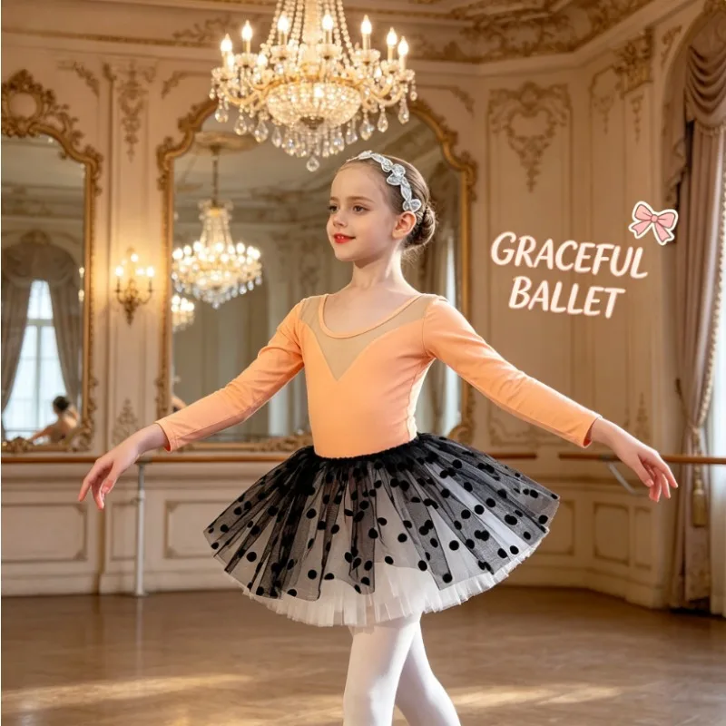 Orange Long Sleeve Girls Dance Costume Autumn Kids  Ballet Dance Training Split Ballet Tutu Toddler Stage Practice Dance Wear view 4