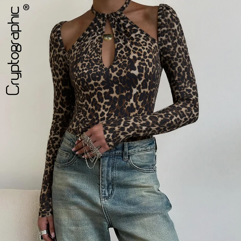 

Cryptographic Fashion Halter Lace Up Leopard Tops Elegant Outfits for Women Long Sleeve Sexy Cut Out Top Cropped Slim Streetwear