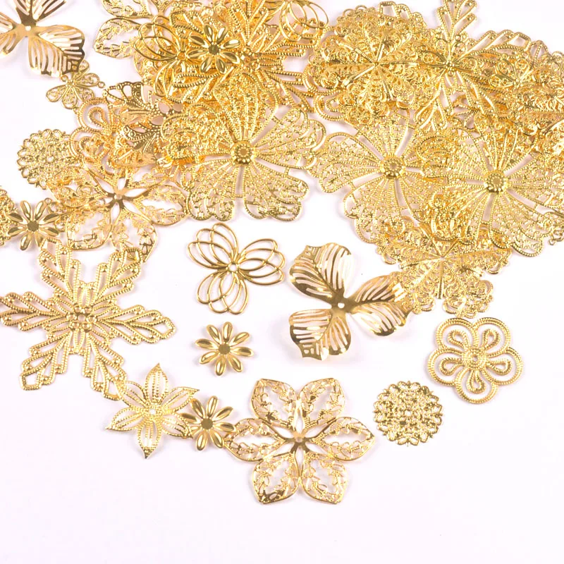 10-50pcs golden Filigree Wraps flower Connectors Metal Crafts Headwear accessories for Jewelry Making 20-70mm YKL0910