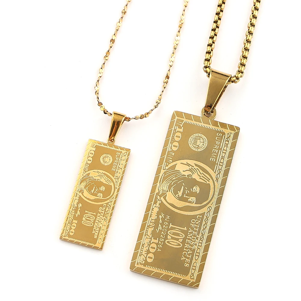 American 100 Dollar Bill Pendant Necklace for Women Men Stainless Steel Gold Plated Hip Hop Money Wealth Lucky Jewelry Gift