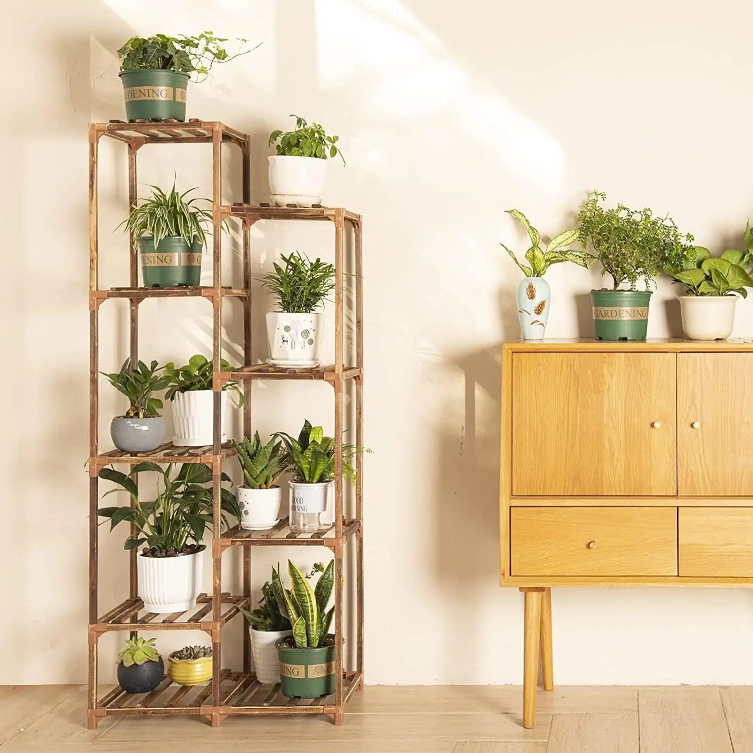 

Spot, solid wood multi-layer home flower stand decoration floor-to-ceiling corner eucalyptus hexagonal flower stand balcony rack