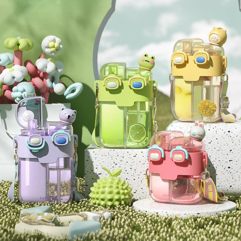 大容量ストロー,プラスチック製ウォーターカップ,子供用ケトル,ダブルドリンクコンパートメント