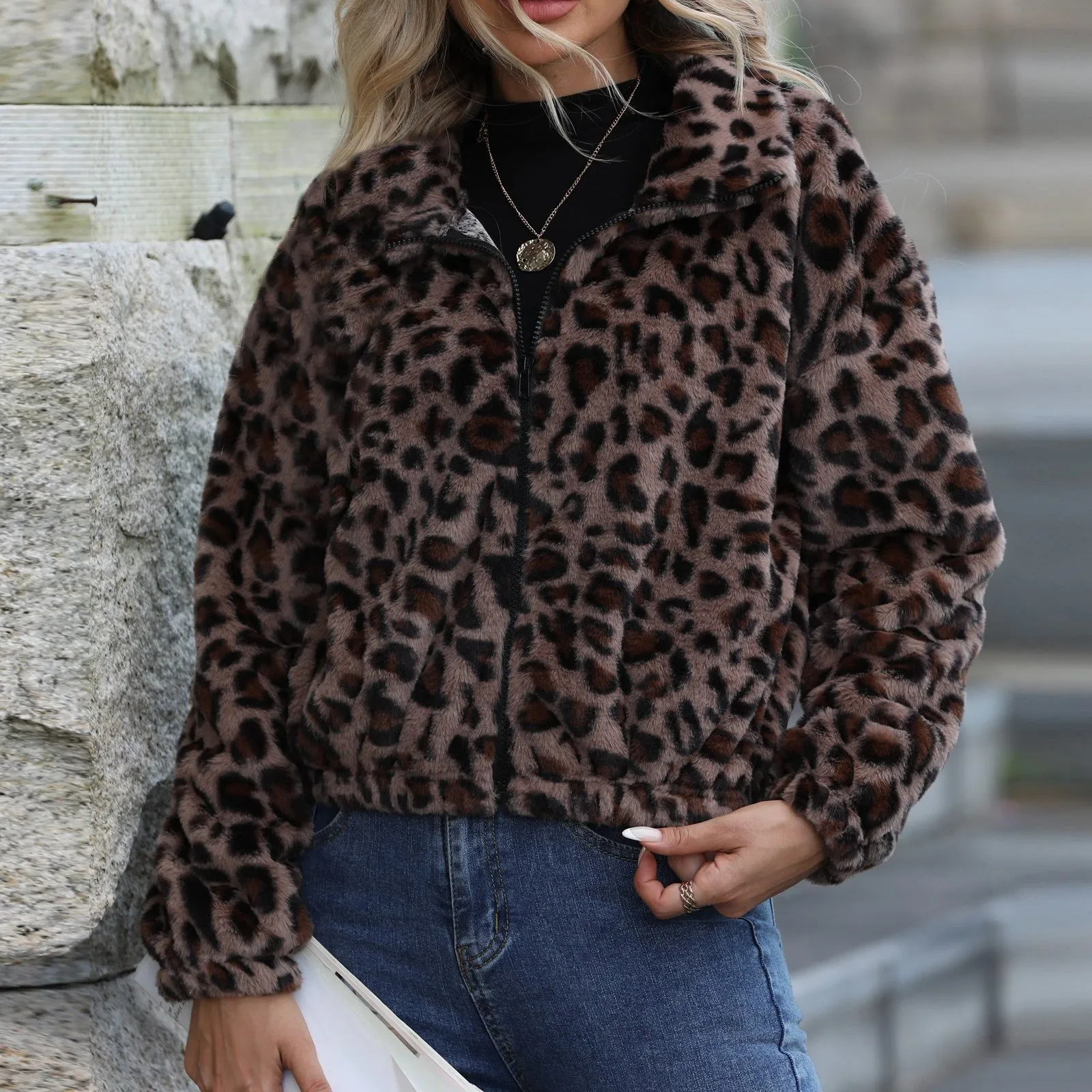 Damen-Jacke mit lockerem Leopardenmuster, flauschig, mit Reißverschluss, langärmelig, für den Herbst, Loft-Mäntel für Damen, Weste für Damen mit Kapuze