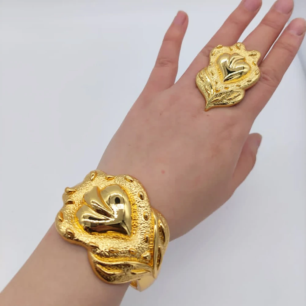 Luxus 18 Karat vergoldet Armband Ringe Kupfer Schmuck-Set Party Frauen verstellbare Ringe Blume exquisite Armreif Hochzeit 2023 neu – Detail 11