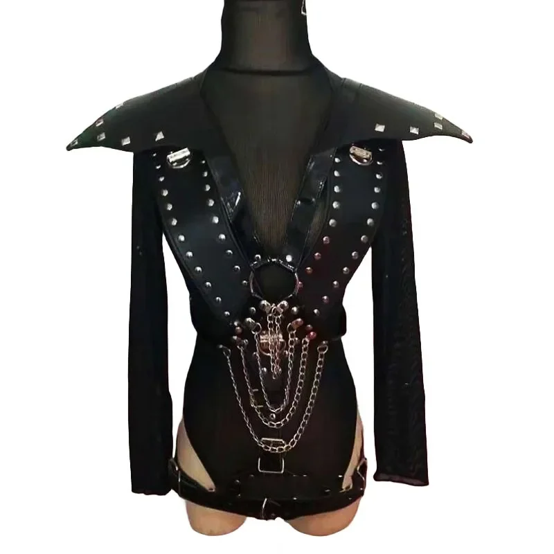 Punk Schwarz Leder Niet Rüstung Metall Kette Body Frauen Sänger Tänzer Kostüm Nachtclub Bar Lead Dance Bühne Leistung Tragen