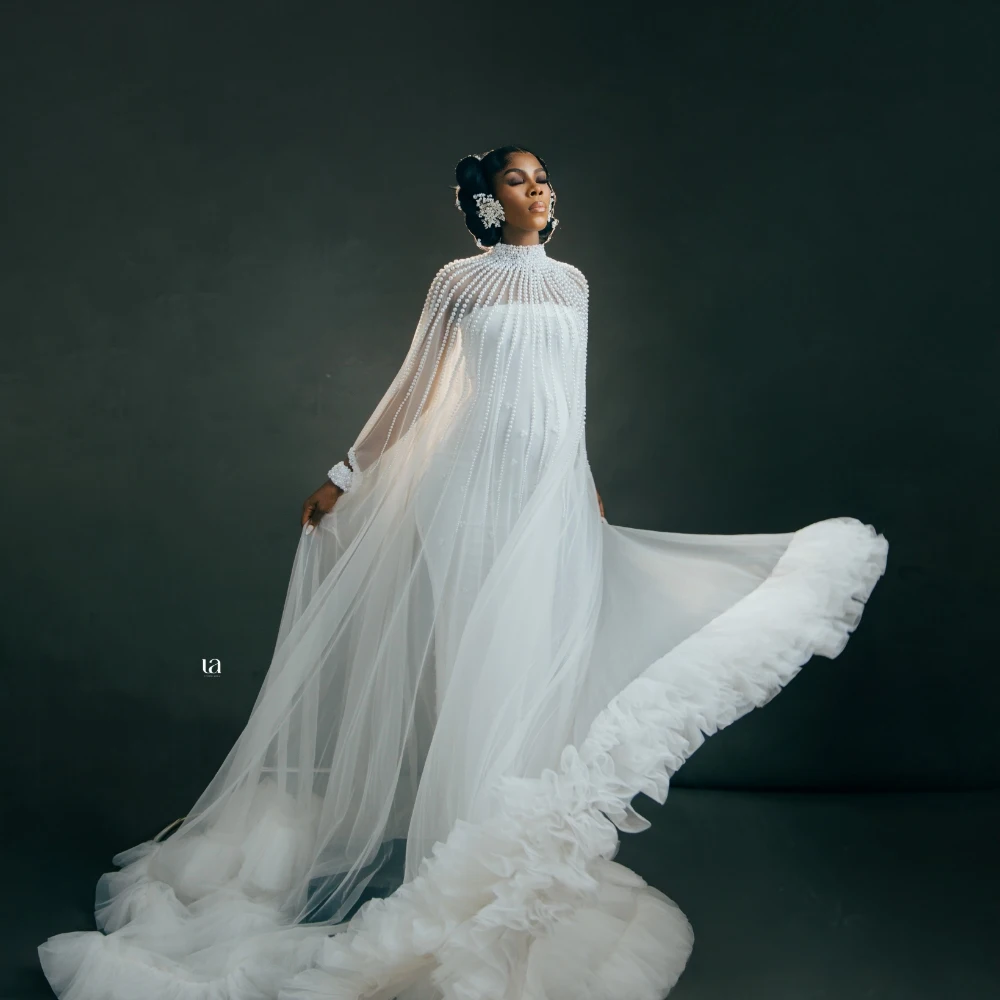 Pearl Beaded Maternity Photography Dresses, White Floor-Length Tulle Pregnant Photo Shoot Gown, High Neck Cape Sleeve Ruffled