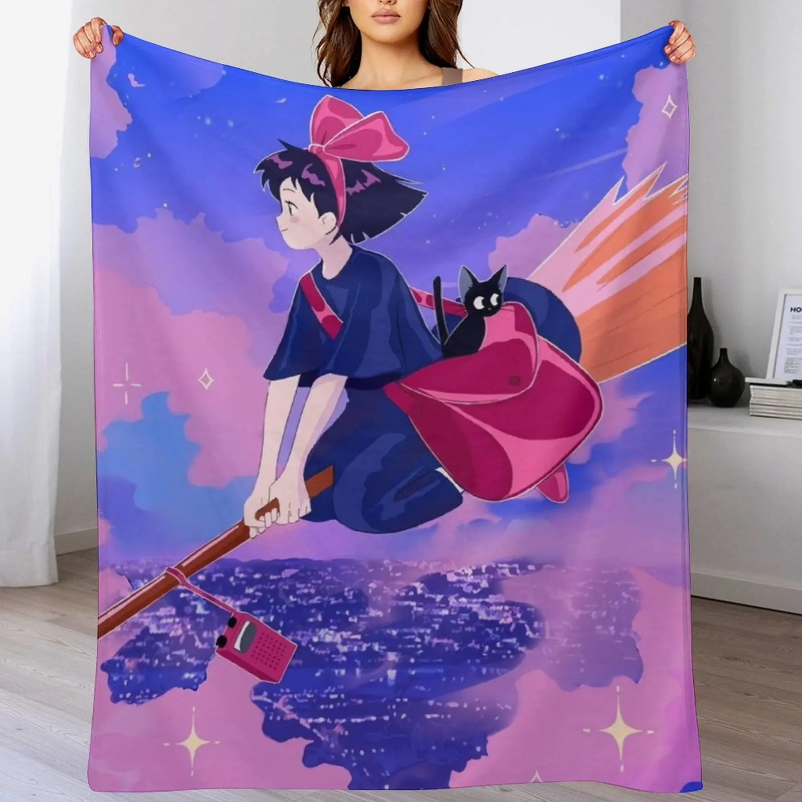 nights Cute kawaii art girl kiki's go -%[ghiblis]%- flying away anime Throw Blanket Shaggy Extra Large Throw Sofas Blankets