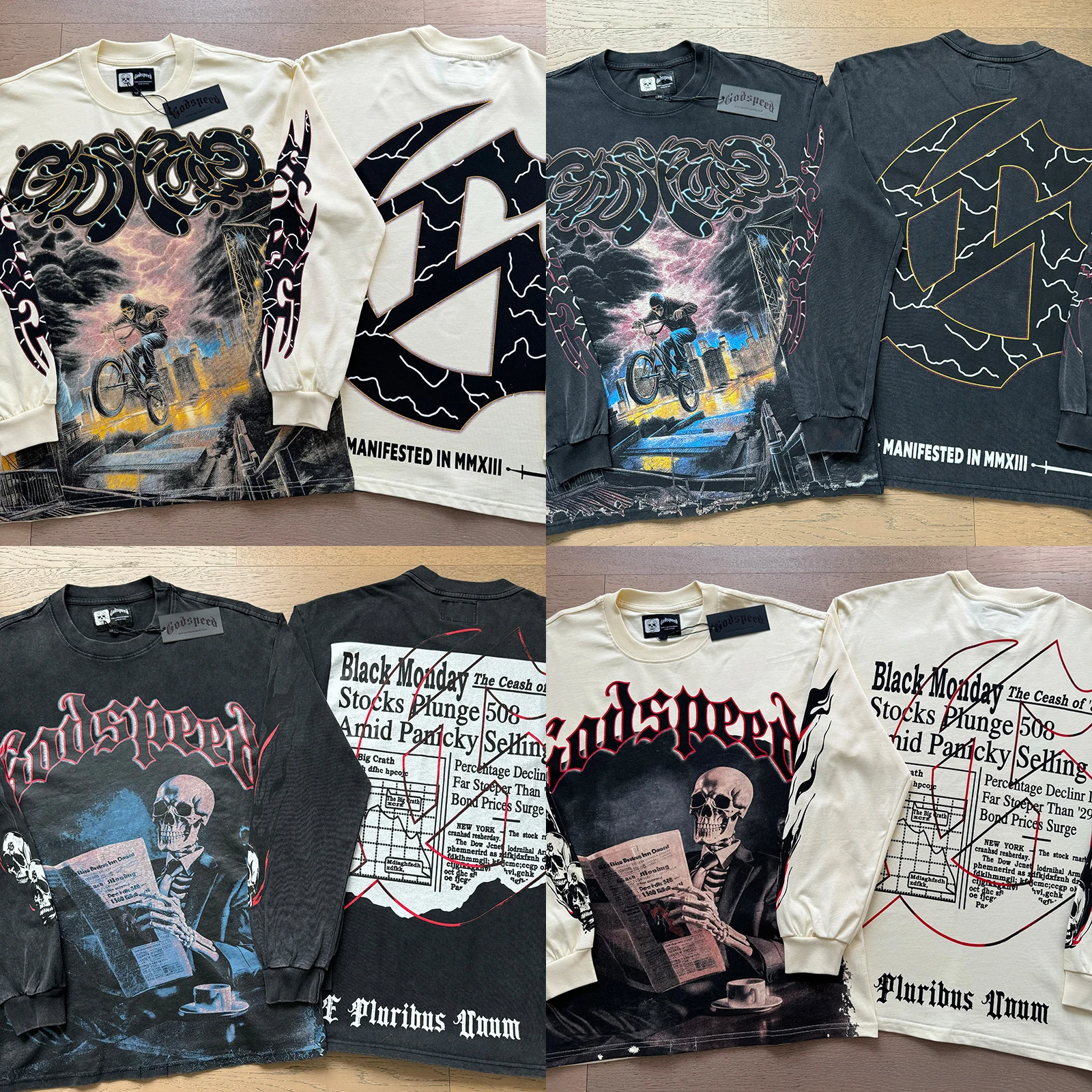 

New 2025 Godspeed Long-sleeved T-shirt High Street HipHop Trendy Brand Washed Distressed Summer Casual Loose Skull Print Cotton