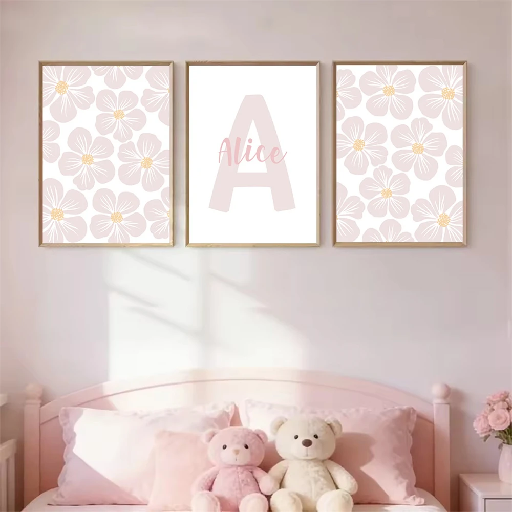 Personalized Custom Name Canvas Poster Painting Cartoon Pink Daisy Wall Art Print Picture Nursery Living Child Room Home Decor