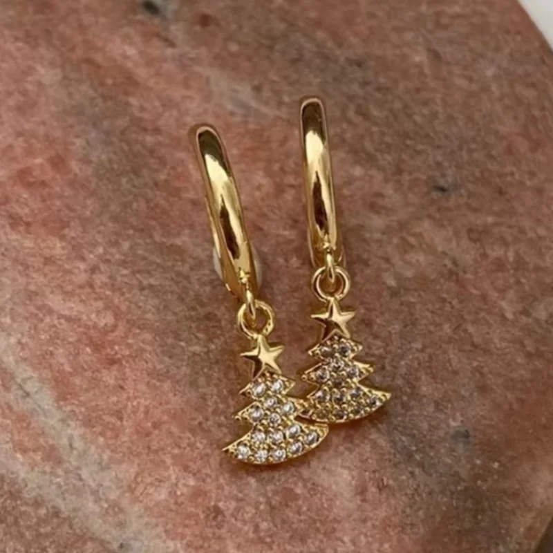 Huitan Opulent Christmas Tree Drop Earrings for Women Noble Bright Christmas Accessories Exquisite Shiny Festival Party Jewelry