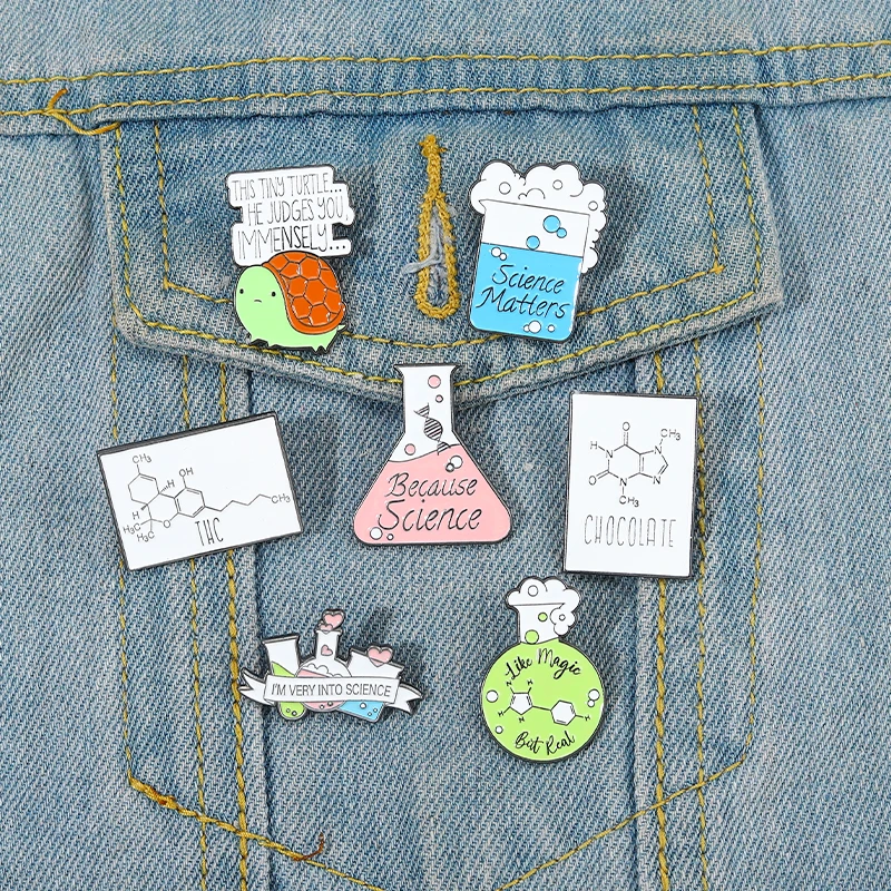 I Believe In Science Enamel Pins Chemical Equation Brooches Cartoon Cute Beaker Test Tube Lapel Badges Scientist Jewelry Gifts