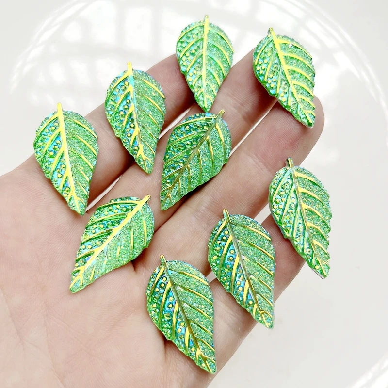 10pcs 33 * 17mm sparkling leaf shaped green AB resin Rhinestone flat back scrapbook DIY jewelry hair clip decoration accessories