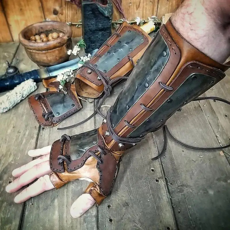 Gauntlet Wristband Adjustable Leather Bracers Long Style Knights Faux Leather Battle Arm Guard Bracers Medieval Armor Costume