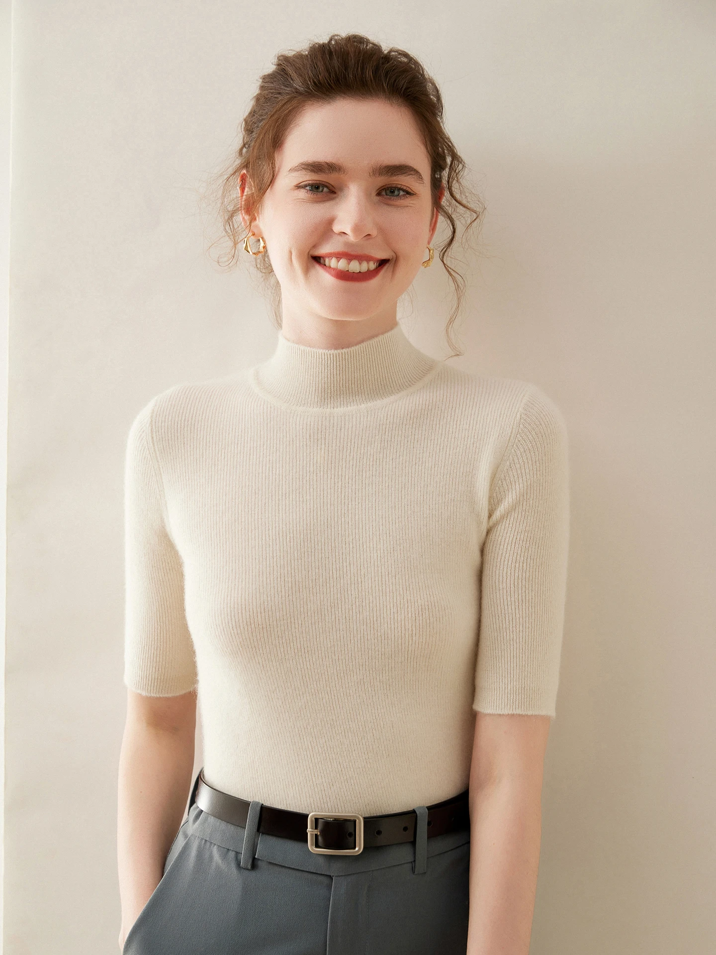 100% Cashmere Pullover Sweater Women's Short Sleeve Half High Collar Soild Slim Fit Simple Knit Base Layer Inner Autumn Winter