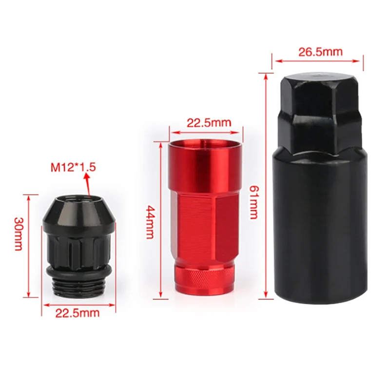 M12x1.5 Extended Tuner Wheel Lug Nut w/53mm Red Aluminum Cap Cover New Product New product 20Pcs per Set Car Accessories