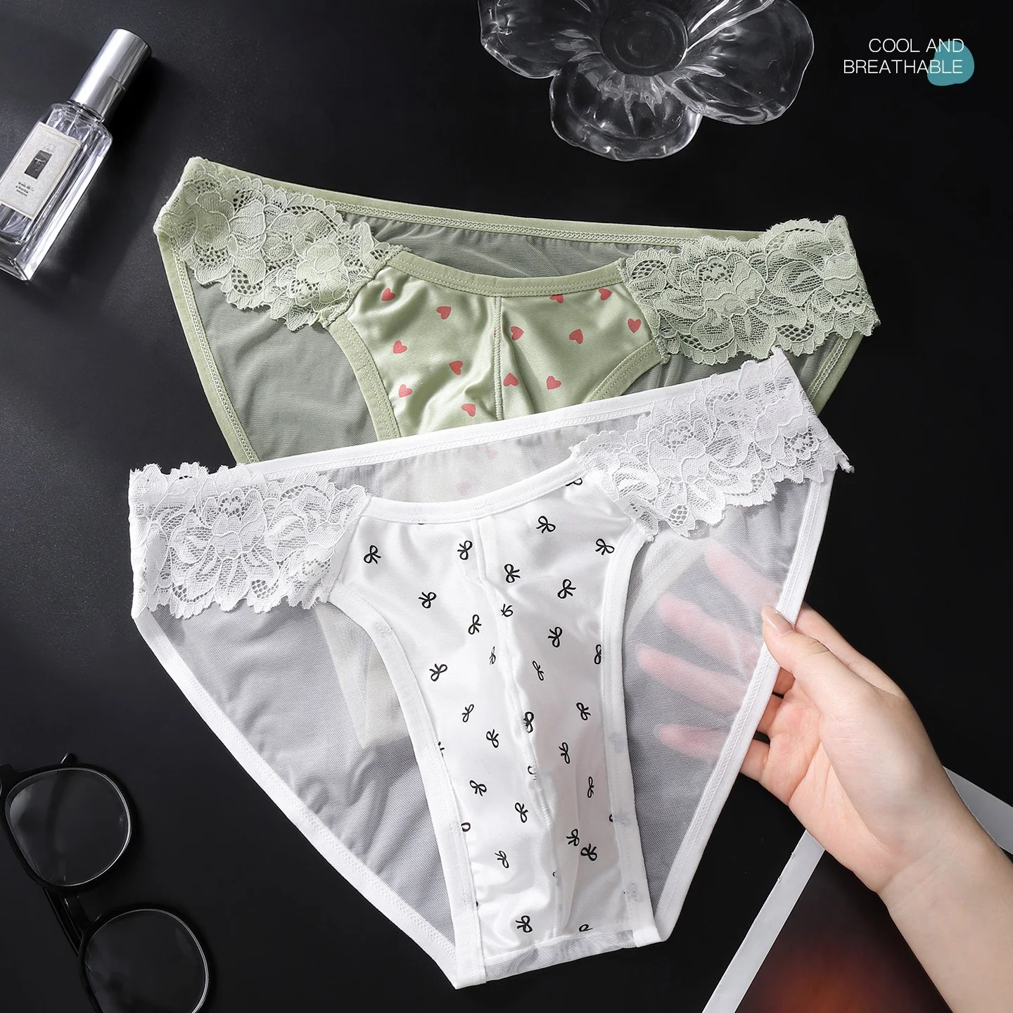 Men's Sexy Lace Panties Mesh See-Through Bowtie Heart Print Low Rise Soft Breathable Male Underwear Super Comfortable Plus Size