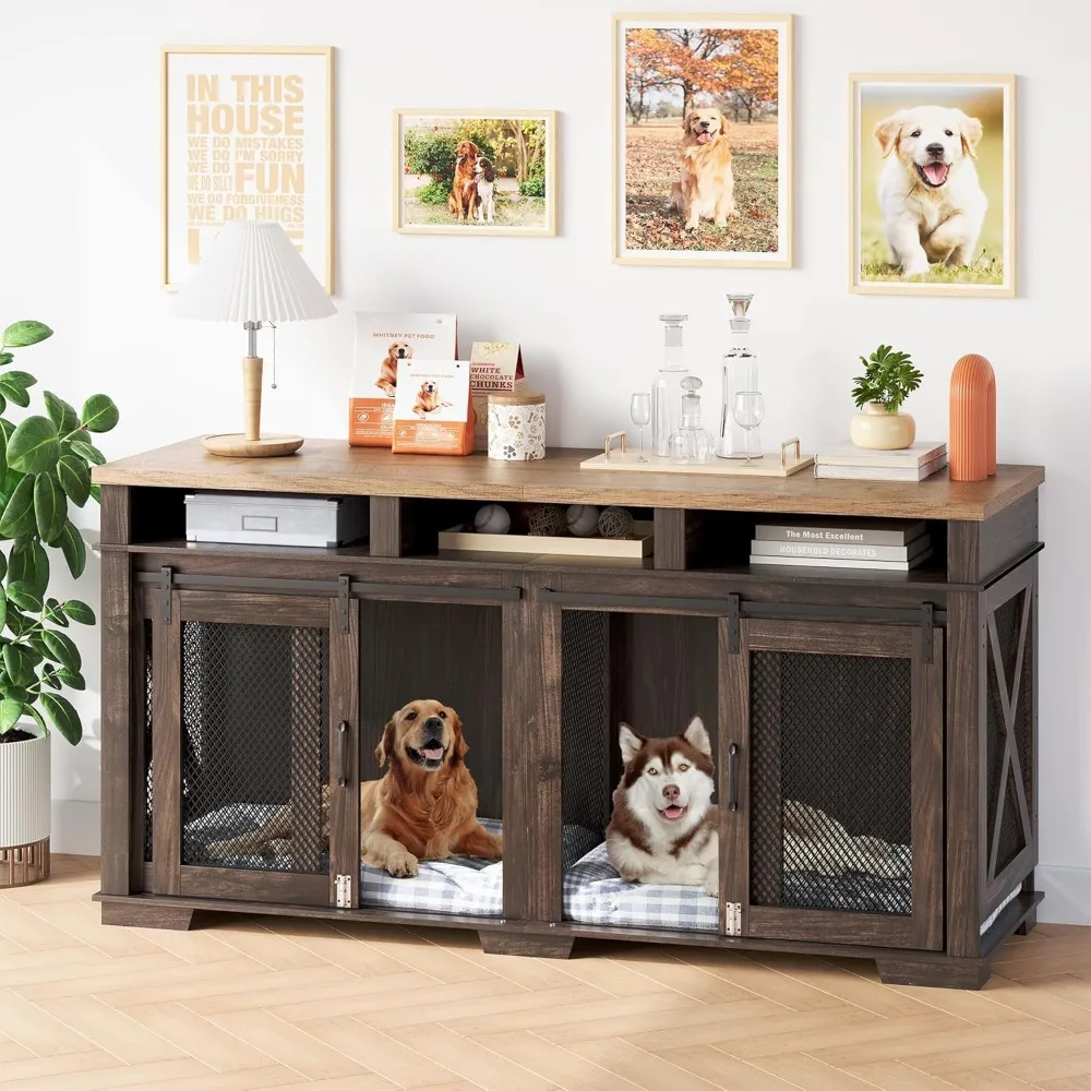 

71" Extra Large Dog Crate Furniture,Wooden Double Dog Crates Kennel Cage,Furniture Style TV Stand Side End Table for 2 Dogs