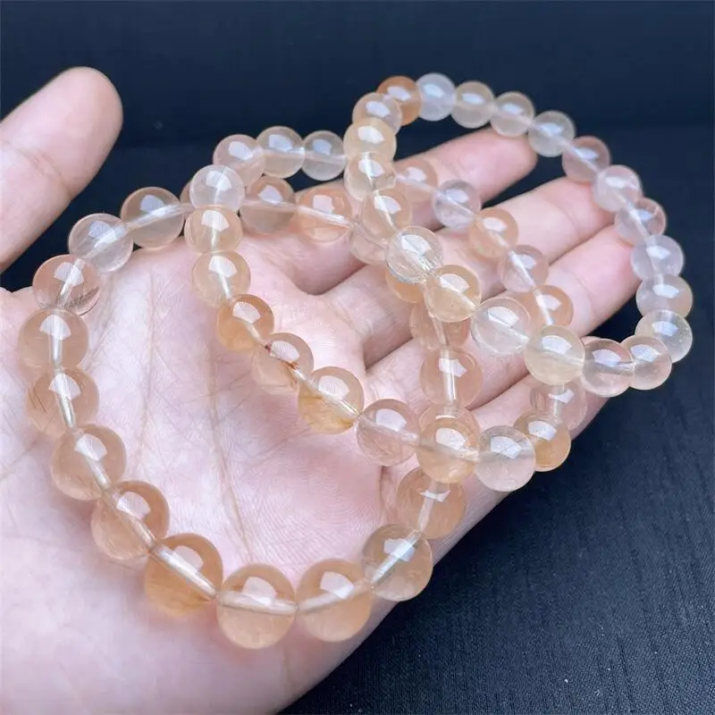 9MM Natural Pink Rabbit Hair Quartz Bracelet Women Trendy Reiki Healing Elastic Yoga Energy Jewelry Gift 1PCS