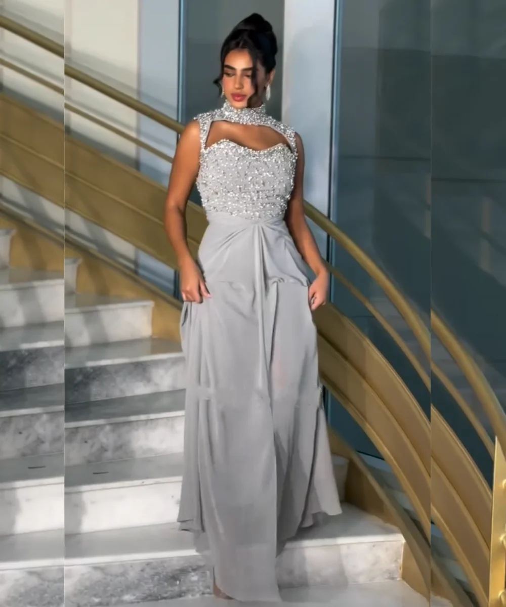 Customized Unisex Chiffon Pleat Sequined A-line High Collar Long Bespoke Occasion Evening Dresses Matching Sparkle