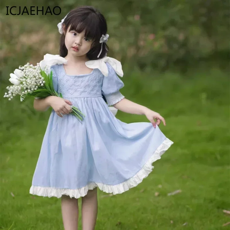 

2025 Elegant Princess Frocks dresses Girls Embrodiery Outfit HandMade Big Bow Blue Dress BabyChildren Eid Kids Pearl Clothes