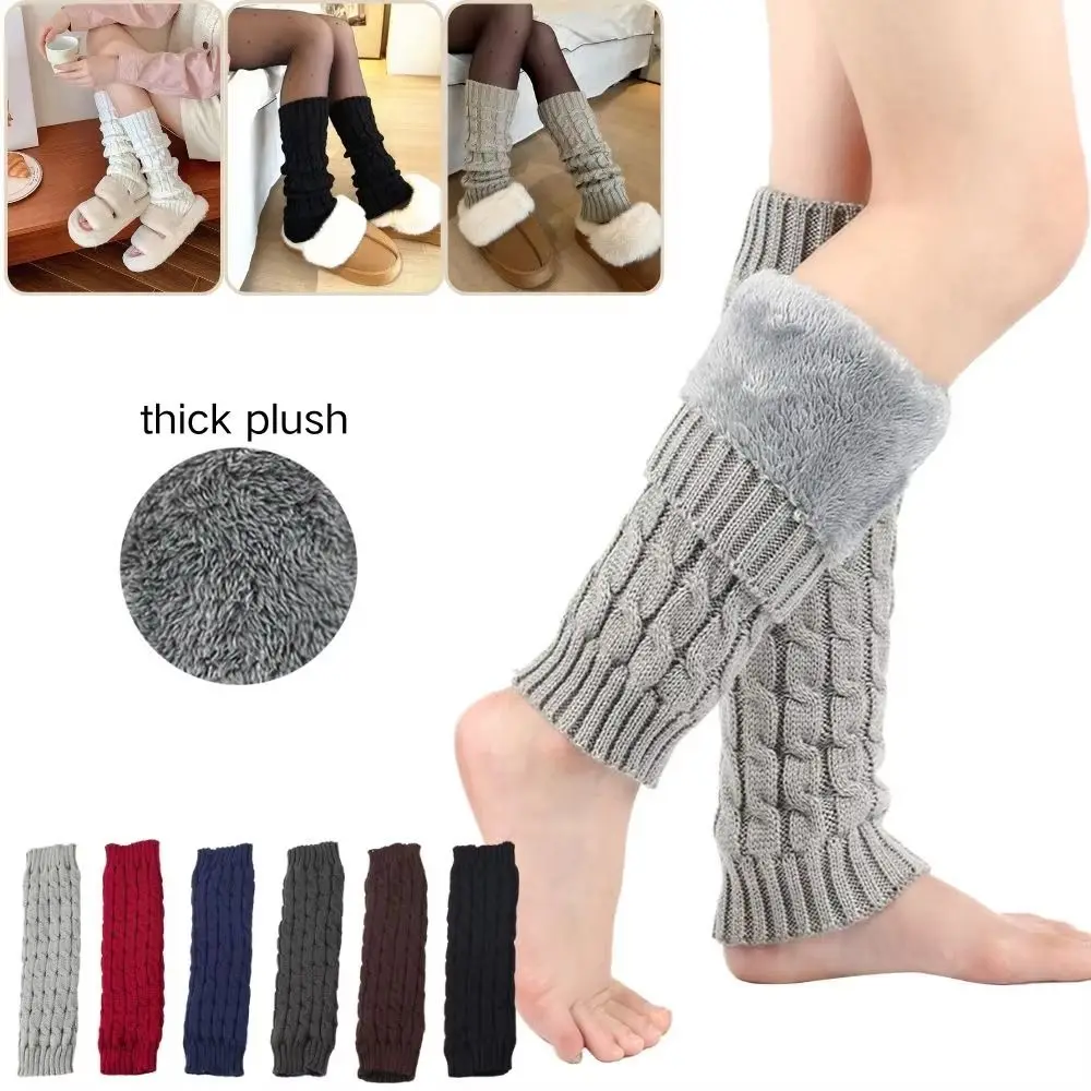 

Twist Pattern Knitting Leg Warmers Solid Color Fleece-Lined Women Leg Warmers Double-Layered Cozy Foot Covers Autumn Winter