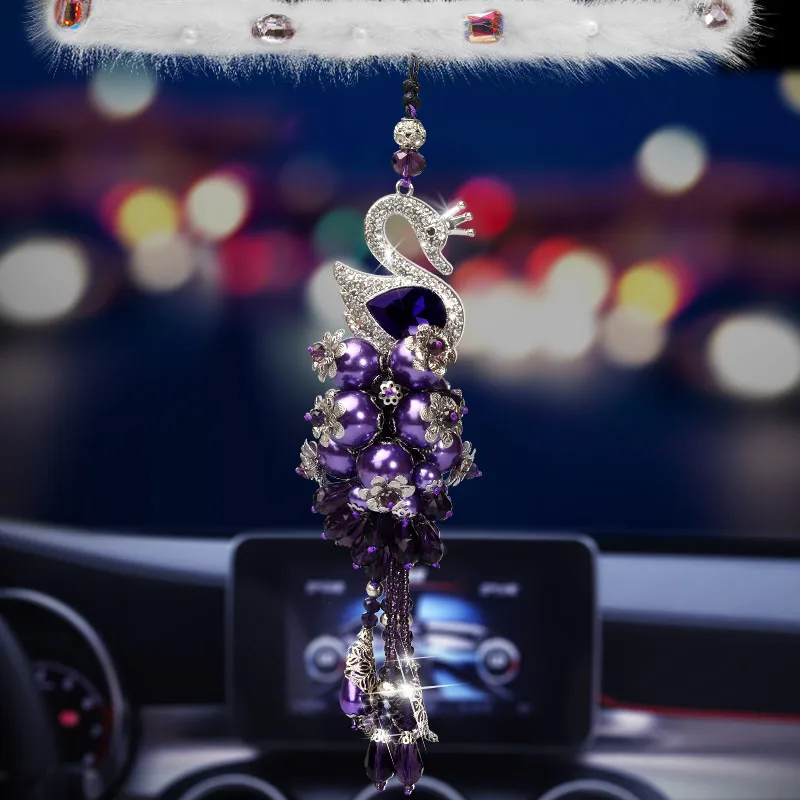 Luxury Diamond Cute Car Accessories Girls Women Rhinestone Swan Car Rear View Mirror Ornament Hanging Pendant BlingBling Crystal